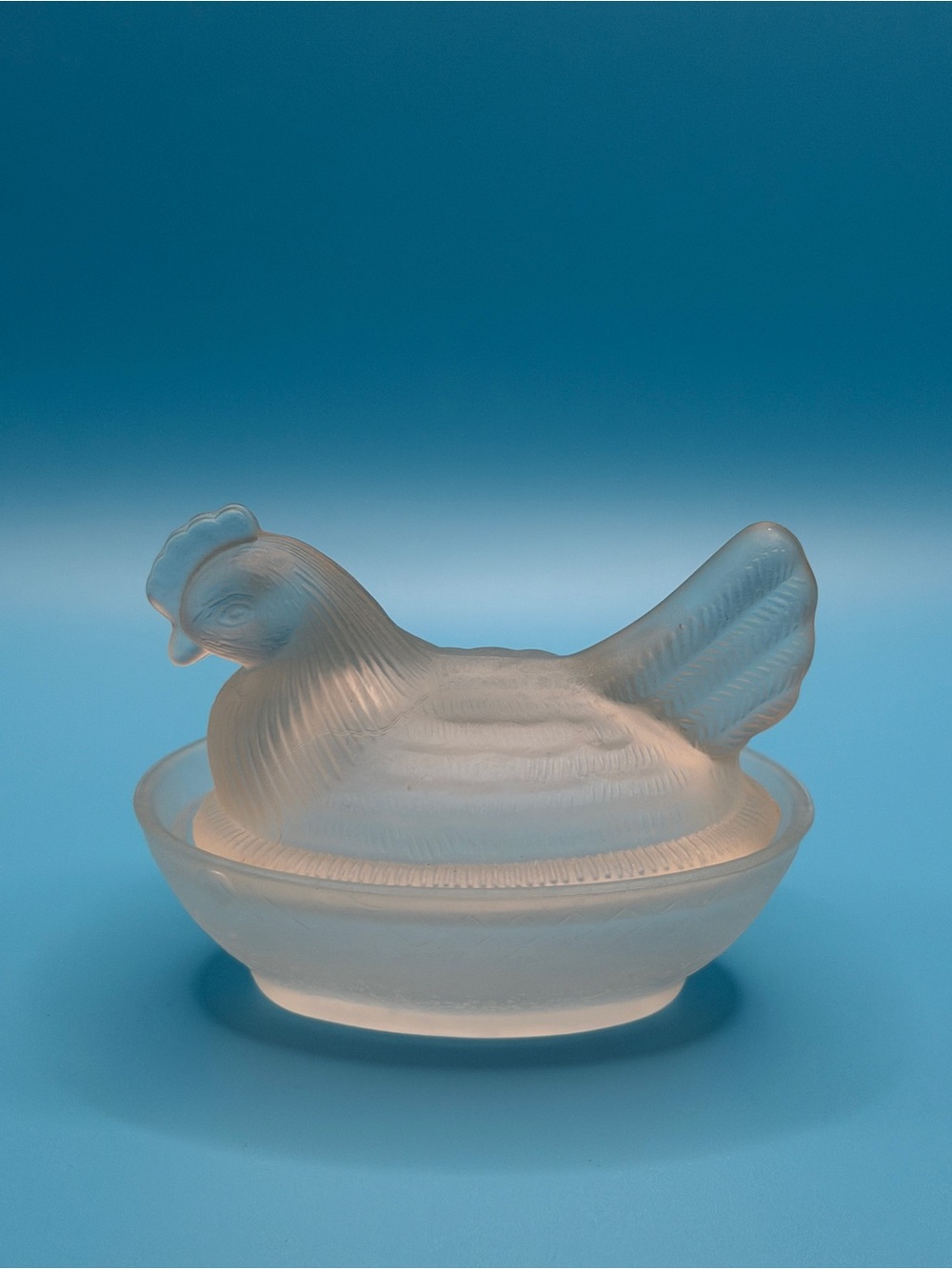 Vintage Miniature Frosted Satin Glass Hen on Nest Salt Cellar Trinket Dish 3.25"